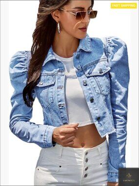 Puff Sleeve Denim Jacket Cropped Vintage Retro Chic Button Down Coat